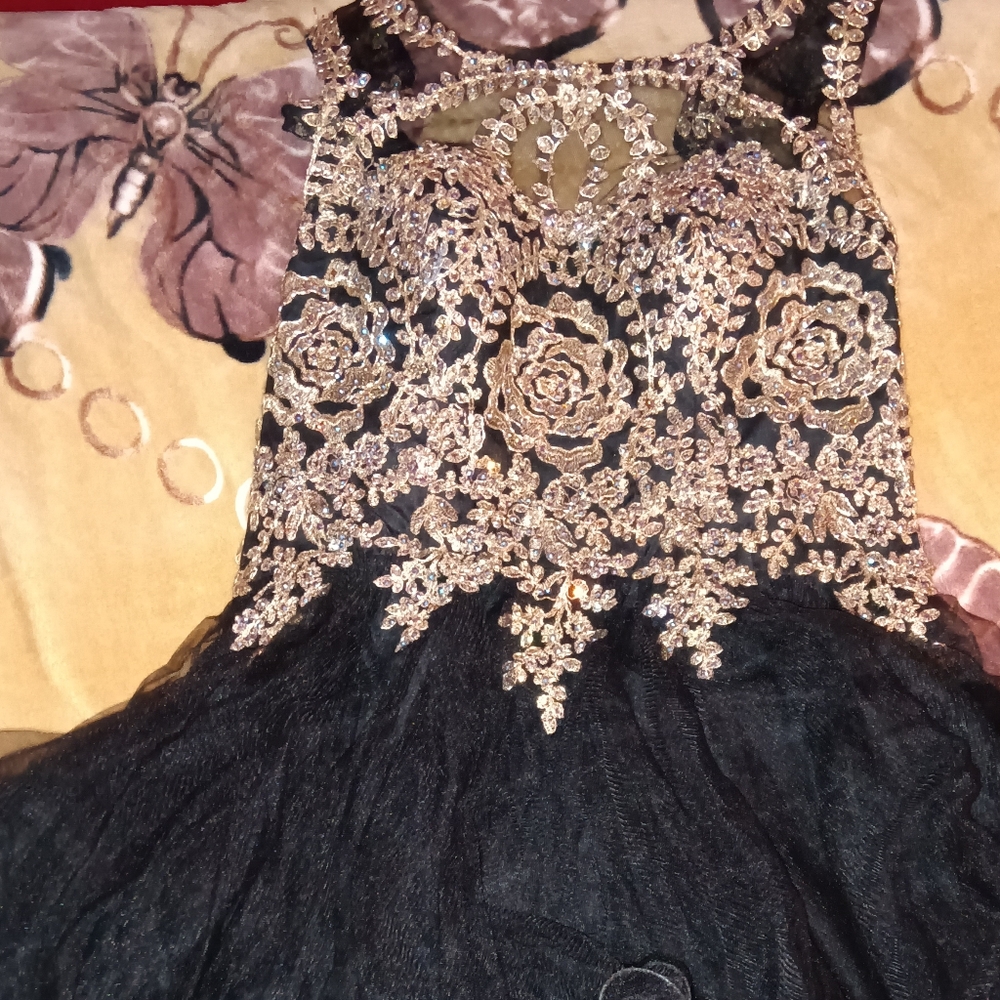 Black and gold quinceañera dress.